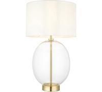 Satin Brass Plate Table Lamp - Rounded Clear Glass with Vintage White Fabric Shade - Touch Dimmable
