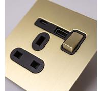 Satin Brass Straight Knurled Switches and Sockets (Single 13A socket with USB A & C)