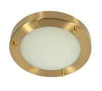 Satin Brass & White Frosted Glass Bathroom Round Flush Ceiling Light 185mm | 1 x G9 Capsule Lamp Bulb Required (Not Included) | IP44 Rated | Suitable for Outdoor Use