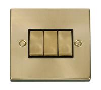 Satin / Brushed Brass 10A 3 Gang 2 Way Ingot Light Switch - Black Trim - Se Home