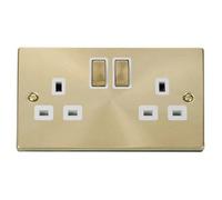 Satin / Brushed Brass 2 Gang 13A Dp Ingot Twin Double Switched Plug Socket - White Trim - Se Home