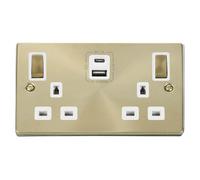 Satin / Brushed Brass 2 Gang 13A DP Ingot Type A & C USB Twin Double Switched Plug Socket SE Home Gold One Size