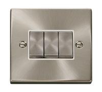 Satin / Brushed Chrome 10A 3 Gang 2 Way Ingot Light Switch - White Trim - Se Home