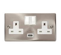 Satin / Brushed Chrome 2 Gang 13A 1 Usb Twin Double Switched Plug Socket - White Trim - Se Home