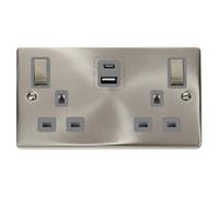 Satin / Brushed Chrome 2 Gang 13A Dp Ingot Type A & C Usb Twin Double Switched Plug Socket - Grey Trim - Se Home