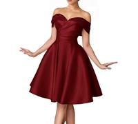 Satin Burgundy Short Prom Dresses for Teens Pleated Solid Off Shoulder Homecoming Dress Knee Length Formal Gown UK8