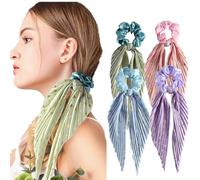 Satin Chiffon Scrunchies 4 Pack with Glitter Ribbons Non-Slip Ponytail Thick Hair Ties Women Gentle Elastic Bows Hair Bands for Gym Yoga Daily Use