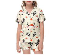 Satin Christmas Outfits Set Girls Classic Two Piece Loungewear Short Sleeves Button Down Top Casual Outfit Costume KidsBaby Girl Gift ChristmasChristmas Sweatshirt KidsChristmas Jumper Boys