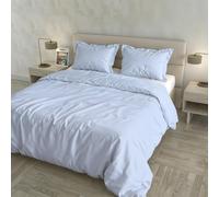 Satin Cloe Duvet Cover Set, 100% Cotton, Made in Italy - Bag 255 x 200 cm with Double Flap 50 cm, 2 Pillowcases 52 x 82 cm with 4 Ruffles, Plain Colour - Light Blue