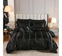 Satin Comforter Set with Sheet Set Full 8 Pcs Silk Like Black Bedding Set Silky Ruffle Pattern Luxury Silky Comforter Set with 1 Cushion Cover