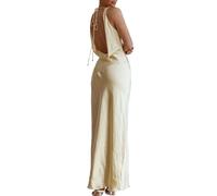 Satin Cowl Neck Sleeveless Backless Maxi Wedding Guest Dress Silk Open Back Tie Back Prom Formal Dresses for Women 2025, Yellow, XS