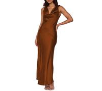 Satin Cowl Neck Sleeveless Backless Maxi Wedding Guest Dress Silk Open Back Tie Back Prom Formal Dresses for Women 2025, Brown, M