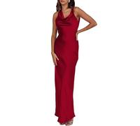Satin Cowl Neck Sleeveless Backless Maxi Wedding Guest Dress Silk Open Back Tie Back Prom Formal Dresses for Women 2025, Burgundy, M