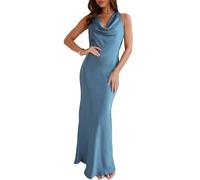 Satin Cowl Neck Sleeveless Backless Maxi Wedding Guest Dress Silk Open Back Tie Back Prom Formal Dresses for Women 2025, Dark Blue, L