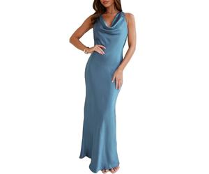 Satin Cowl Neck Sleeveless Backless Maxi Wedding Guest Dress Silk Open Back Tie Back Prom Formal Dresses for Women 2025, Dark Blue, M