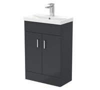 Satin Dark Grey Compact Floor Standing Bathroom Vanity Basin Unit with Ceramic Basin & 2 Soft-Close Doors - 550mm