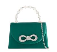 Satin Diamante Bow Tote Style Pearl Top Handle Bridal Prom Wedding Evening Clutch Party Purse Hand Bag (Dark Green)