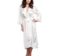 Satin Dressing Gowns for Women UK Lace Sexy V Neck Bathrobe Long Sleeve Nightdress Loungewear Satin Kimono Robe with Belt Long Silk Bride and Bridesmaid Robes Sleepwear Nightwear White M