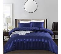 Satin Duvet Cover Sets with Elegant Beautiful Striped Pattern, Italian Style Luxury Silky Soft Blue Satin Bedding Set Moisture-wicking 3 Piece Double Size Satin Duvet Cover Sheets for All Seasons