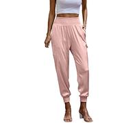 Satin Elasticated Waist Trousers for Women - High Waisted Casual Baggy Joggers Pants Solid Colour Soft Comfort Womens Sweatpants with Pockets Slim Fit Womens Cargo Trousers Cuffed Ankle Casual Pants