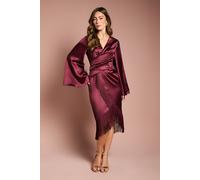 Satin Fringe Hem Wrap Waist Midi Dress Coast Burgundy 14