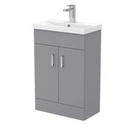 Satin Grey Compact Floor Standing Bathroom Vanity Basin Unit with Ceramic Basin & 2 Soft-Close Doors - 550mm