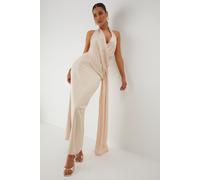 Satin Halterneck Draped Side Maxi Dress MissPap Champagne 8