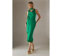 Satin Jacquard Cowl Scarf Neck Fringe Midi Slip Dress Warehouse Bright Green 12
