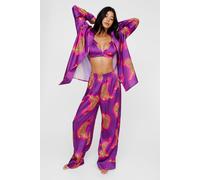 Satin Leopard 3pc Shirt Bralette & Pants Pajama Set NastyGal Purple 4