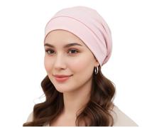 Satin Lined Beanie Cap for Women - Soft Cotton Chemo Hat, Sleep Cap, Hair Loss Headwear, Silk Inner Layer Head Wrap, Double Layer Cancer Beanie for Natural Hair Care(Pink)