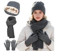 Satin Lined Beanie Hat Scarf and Gloves Set for Women - Hair Protection, Christmas Winter Accessories Gifts for Her Wife, Grey, One Size