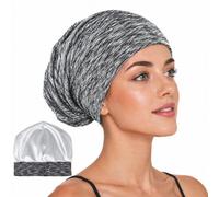 Satin Lined Hair Bonnet, Adjustable Knitted Beanie Cap, Red, 54-62 cm | Silver-Coloured Smooth Lining, Roomy Enclosed Shape For Curls, Braids And Long Hair, For Sleeping, Skincare And Housework