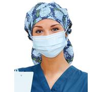 Satin Lined Scrub Cap for Women Extra Large Long Hair Surgical Nurse Cap 4 Buttons, Blue Flower, One Size