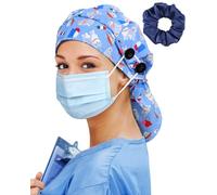 Satin Lined Scrub Cap for Women Extra Large Long Hair Surgical Nurse Cap 4 Buttons, Light Blue, One Size