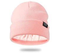 Satin Lined Winter Beanie Hats for Women Unisex Cotton Knitted Cuffed Knit Hat with Silky Lining Slouchy Skull Cap Pink