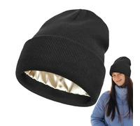 Satin Lined Winter Beanie Hats, Satin Lined Beanie Winter Hats, Knitted Watch Hat With Silk Lining, Silk Lined Slouchy Beanie, Stretchy Knitted Cuffed Hat With Silky Lining, Unisex Solid Skull Cap