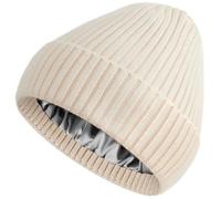 Satin Lined Wool Beanie Hat for Women Men Winter Cold, Warm Knit Fashion Cuffed Beanie Skull Cap Watch Cap, Beige, 6 1/2-7 3/8