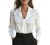 Satin Long Sleeve Blouse Slim Tops for Women Elegant V Neck Silky Shirts Casual Office Work Ladies Classic Dressy Simplicity Outfits (White, L)