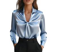 Satin Long Sleeve Blouse Slim Tops for Women Elegant V Neck Silky Shirts Casual Office Work Ladies Classic Dressy Simplicity Outfits (Sky Blue, L)