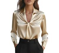Satin Long Sleeve Blouse Slim Tops for Women Elegant V Neck Silky Shirts Casual Office Work Ladies Classic Dressy Simplicity Outfits (Beige, L)