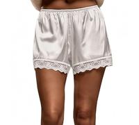 Satin Lounge Shorts for Womens Elastic Waist Lace Silky Patchwork Pajama Bottoms Solid Color Sleepwear Outfits Pants (White, M)