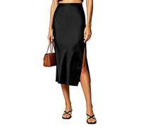 Satin Midi Skirt, Elegant High Waist Black Satin Skirt with Side Slit Long A-Line Silky Bias Cut Satin Skirts for Women UK for Party, Work, Casual Wear (UK, Alpha, XL, Regular, Regular, Black)