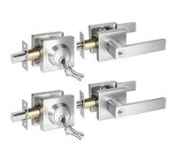 Satin Nickel Entry Door Lock and Deadbolt Combo, 2 Pack, Keyed Alike Square Door Lock Sets with Lever for Entrance, Heavy Duty Exterior Door Lockset with Deadbolt, All Same Keys