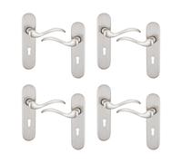 (Satin Nickel Keyhole Set of 4) 6/4 Pcs Geneva Scroll Metal Door Lever Handles Set, Fire, Stain & Scratch Resistant for All Interior Exterior Doors with Easy Install Tools Multipack