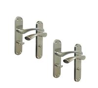Satin Nickel Twist Door Handle Set - Interior Latch Lever on Long Backplate - in 1 or 2 Pairs, Optional Sash Lock (2 Pair of Bathroom Handles)