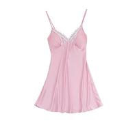 Satin Nightdress with Built in Bra Womens Padded One Piece Nightwear Sexy Negligees Satin Silk Lace Trim V-Neck Nightdress Spaghetti Strap Chemises Full Slips Sleepwear 6-22 UK Size