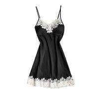 Satin Nightdress Women's Sexy Short Pyjamas Long with Lace Leisure Suit Sleeveless Pyjamas V-Neck Short Sleep Shirt Soft Comfortable Night Dress with Spaghetti Straps Mesh Dress Sexy House Dress