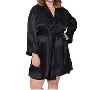 Satin Nightgown for Women UK Plus Size Silk Kimono Robes Lightweight Bathrobe Nightdress V-Neck Short Sleepwear Oversized Dressing Gowns Loungewear for Ladies Clearance Black