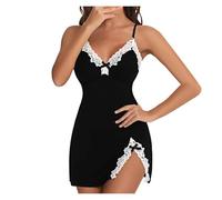 Satin Nightwear for Women Sexy Lingerie for Women Soft Cup Nightwear Mesh Chemise Comfort Sleepwear Nightdress Cotton Lace Nightgown V Neck Chemise Negligee Black Nighties for Women Black L