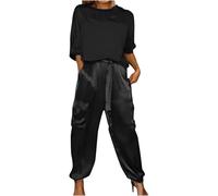 Satin Pants Set, Smooth Satin Half-Sleeved Top and Pants Set, Two Piece Outfits for Women, Casual Comfort Sets (Black,XL)